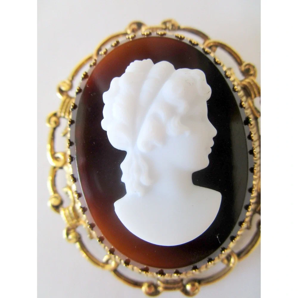 Vintage Cameo Brooch Brown White Glaas Dimensional Tall Orante Frame 2.25